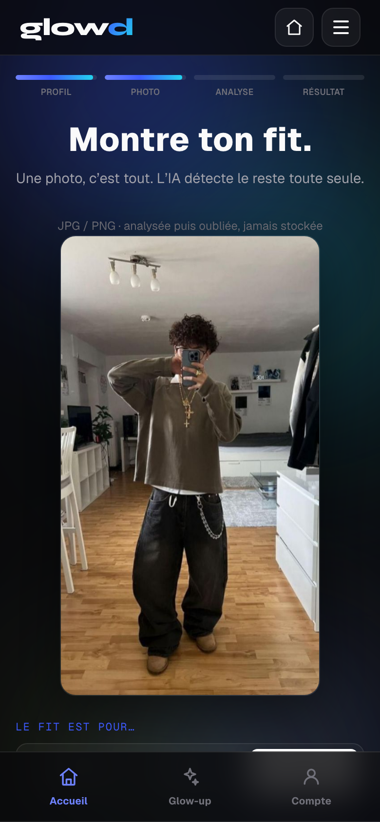 L’écran d’envoi de photo dans l’app Glowd